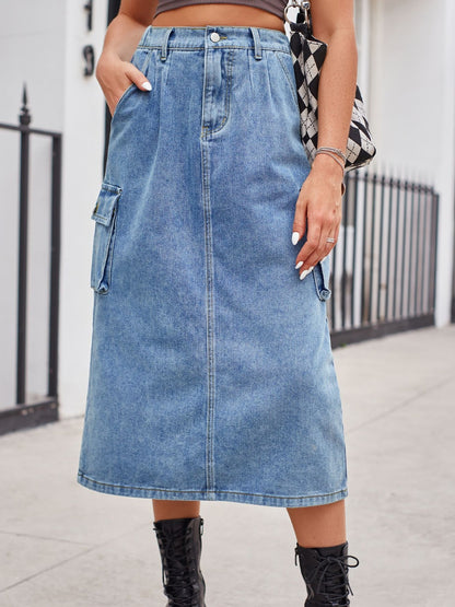 Slit Buttoned Denim Skirt with Pockets - Shimmervee