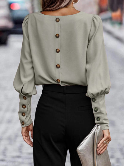 Decorative Button Round Neck Long Sleeve Blouse - Shimmervee