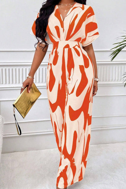 Printed V-Neck Short Sleeve Wide Leg Jumpsuit - Shimmervee