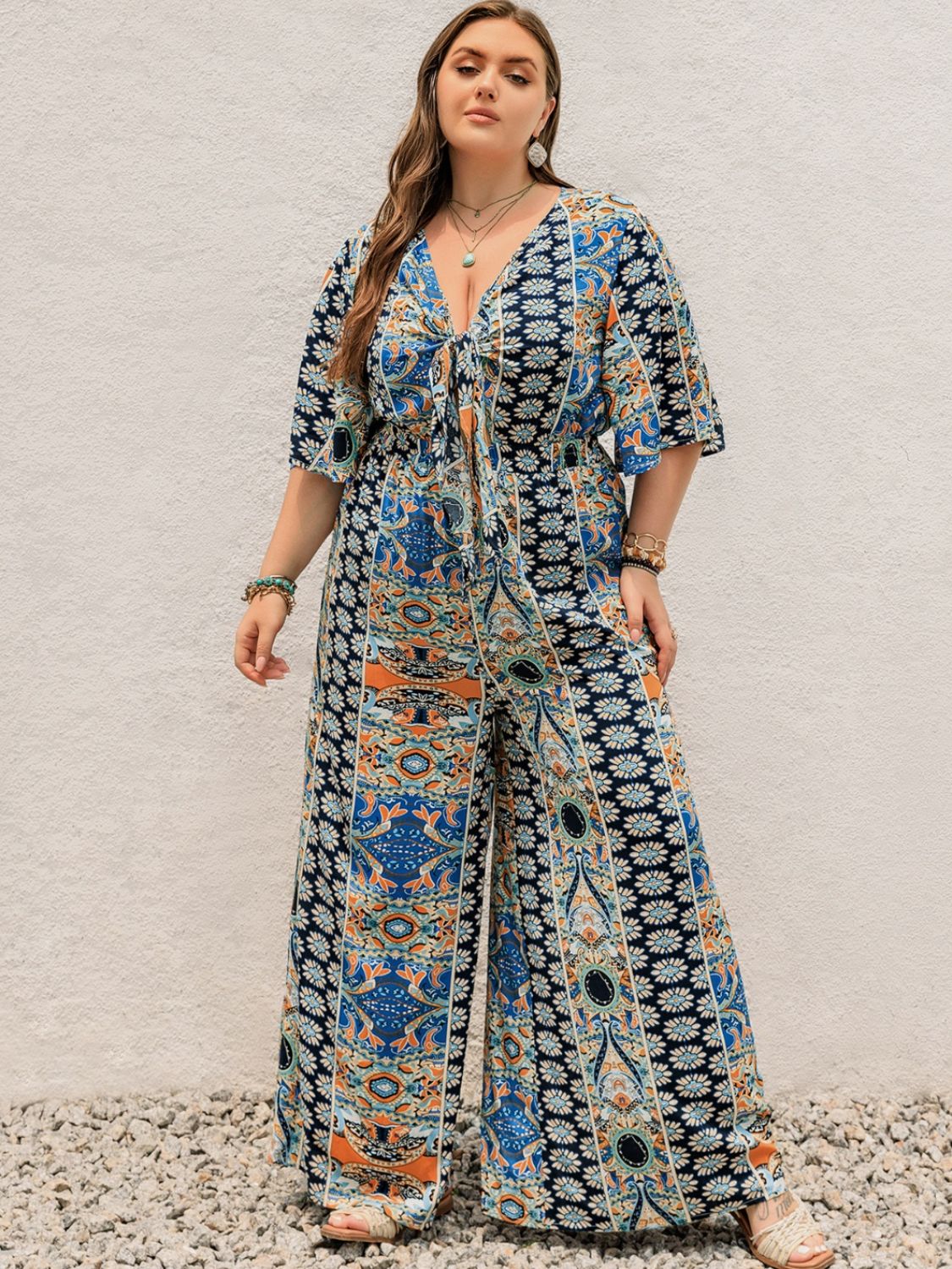 Plus Size Printed Half Sleeve Wide Leg Jumpsuit - Shimmervee