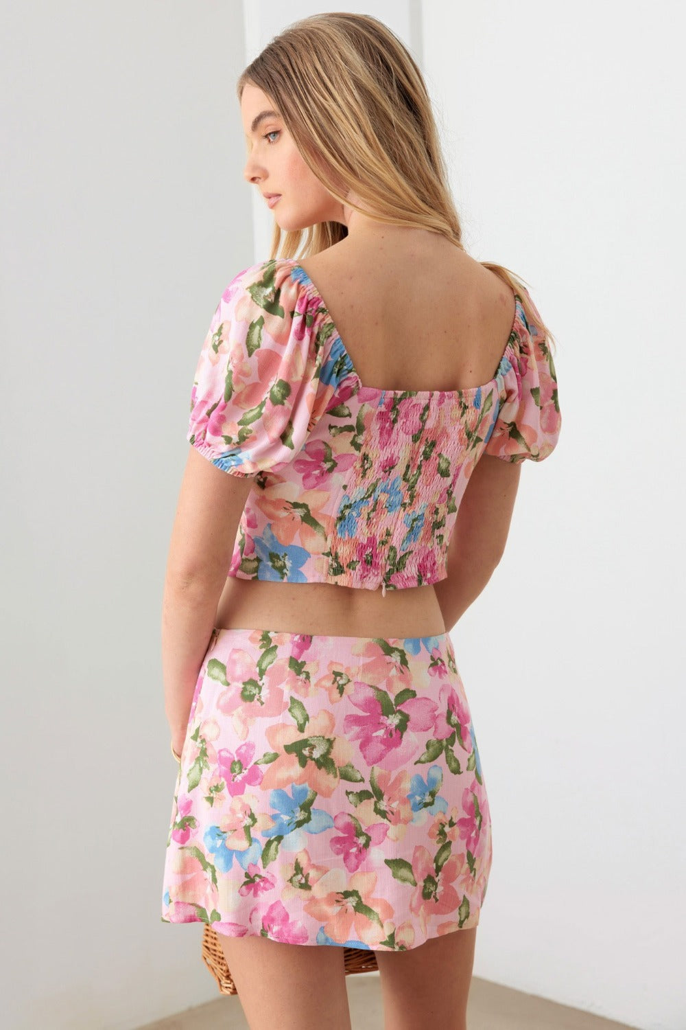 Le Lis Floral Puff Sleeve Crop Top and Mini Skirt Set - Shimmervee