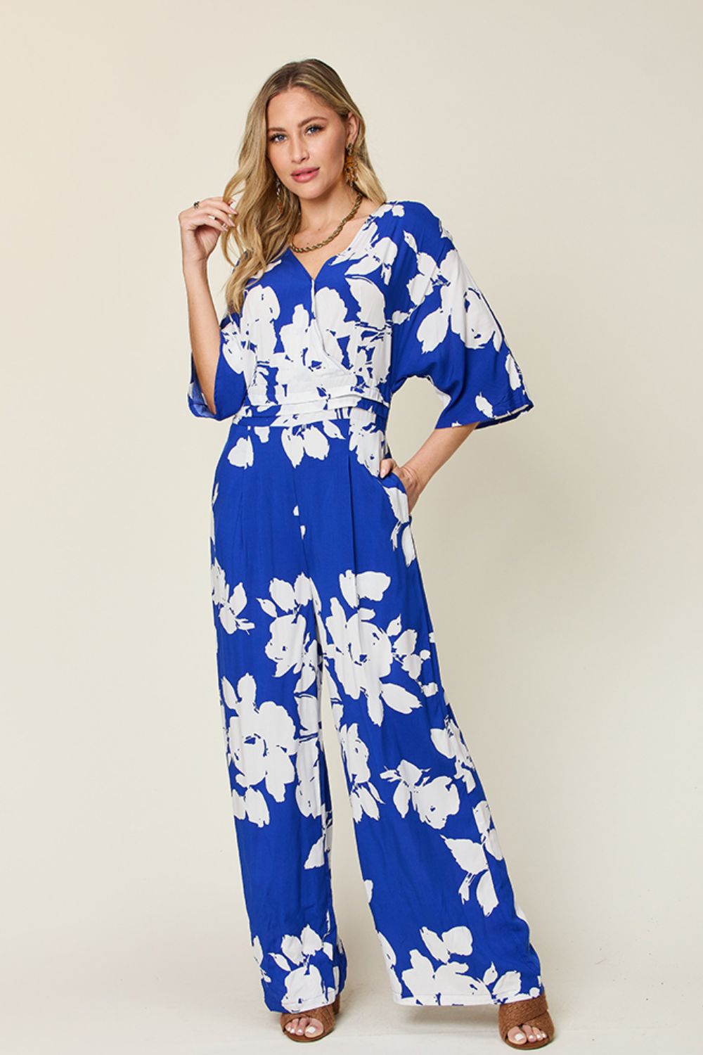 Double Take Full Size Printed Tie Back Wide Leg Jumpsuit - Shimmervee