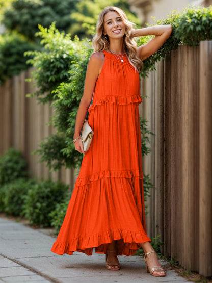 Ruffled Sleeveless Tiered Maxi Dress with Pockets - Shimmervee