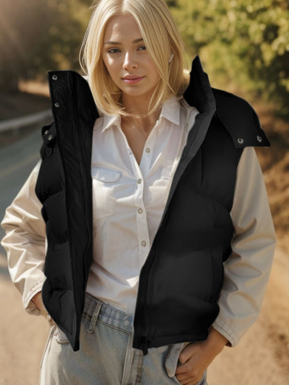 Pocketed Zip Up Hooded Vest Coat - Shimmervee