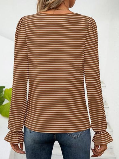 Striped Square Neck Flounce Sleeve Top - Shimmervee