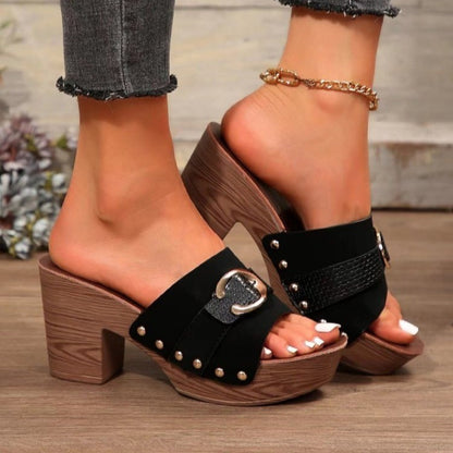 Buckle Trim Block Heel Sandals - Shimmervee