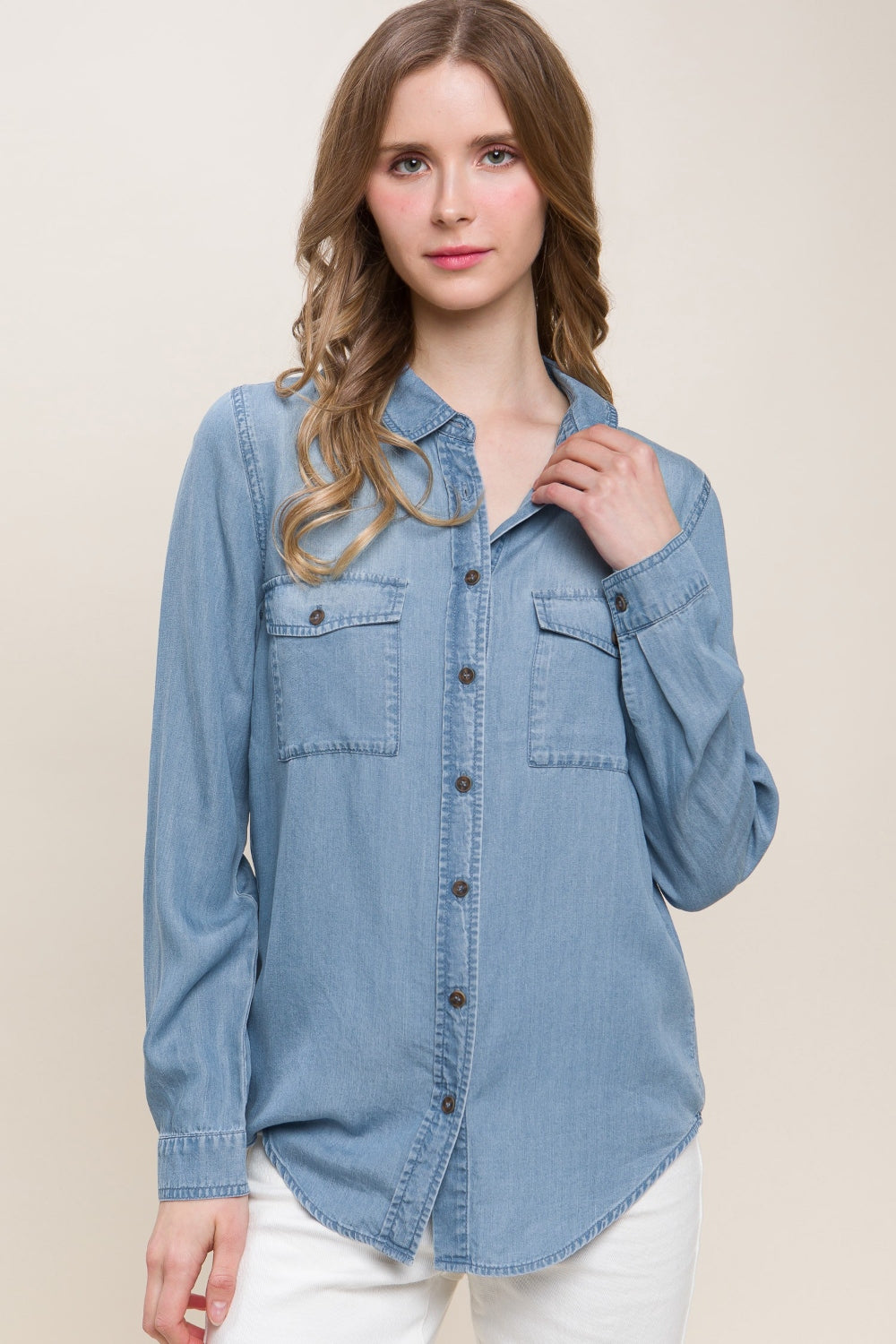 Love Tree Scooped Hem Button Up Denim Shirt - Shimmervee