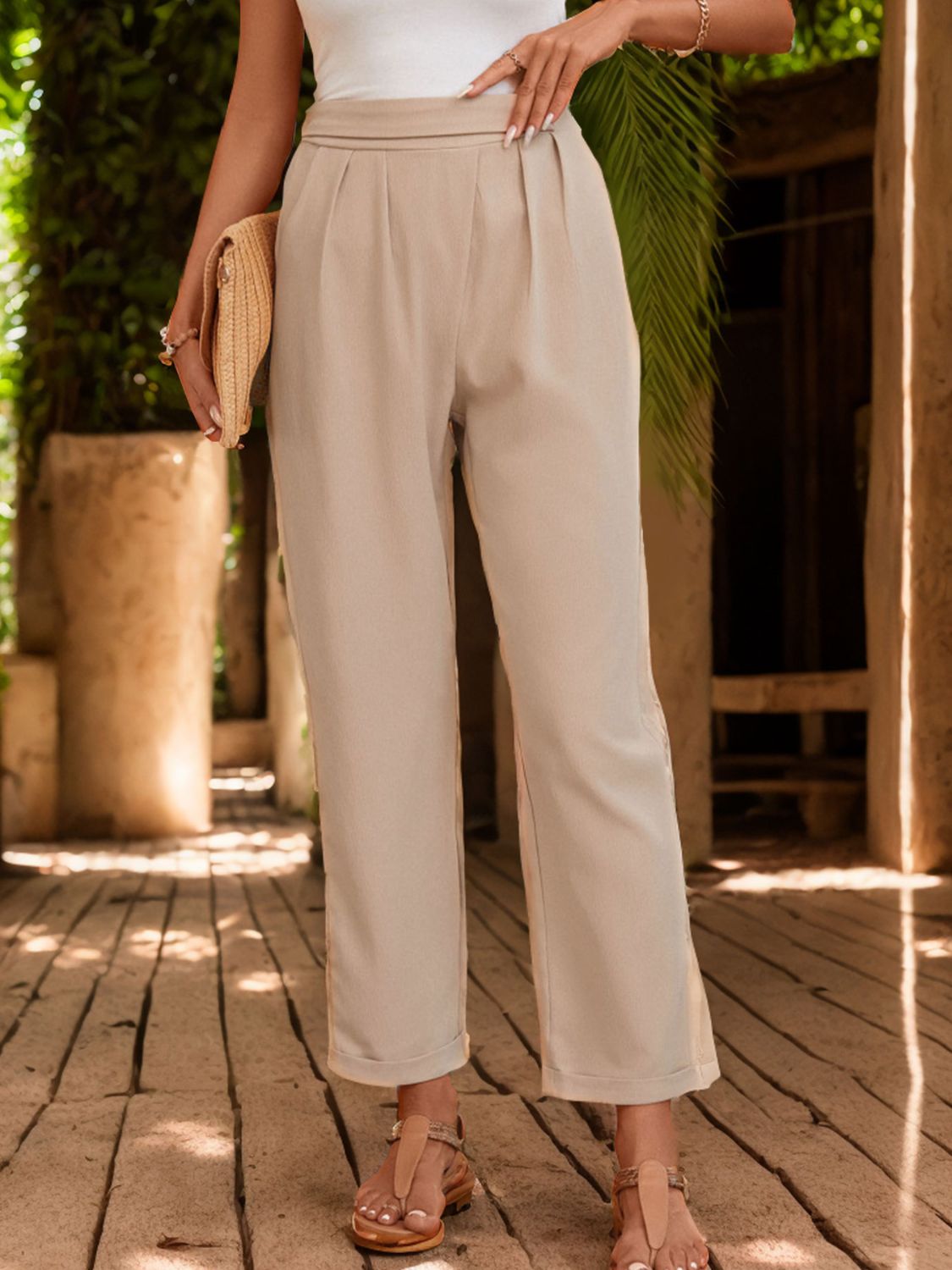 Perfee Ruched Half Elastic Waist Pants