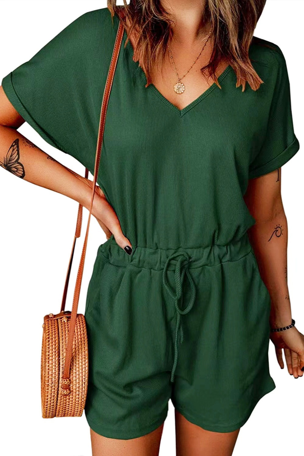 Full Size Drawstring V-Neck Short Sleeve Romper - Shimmervee