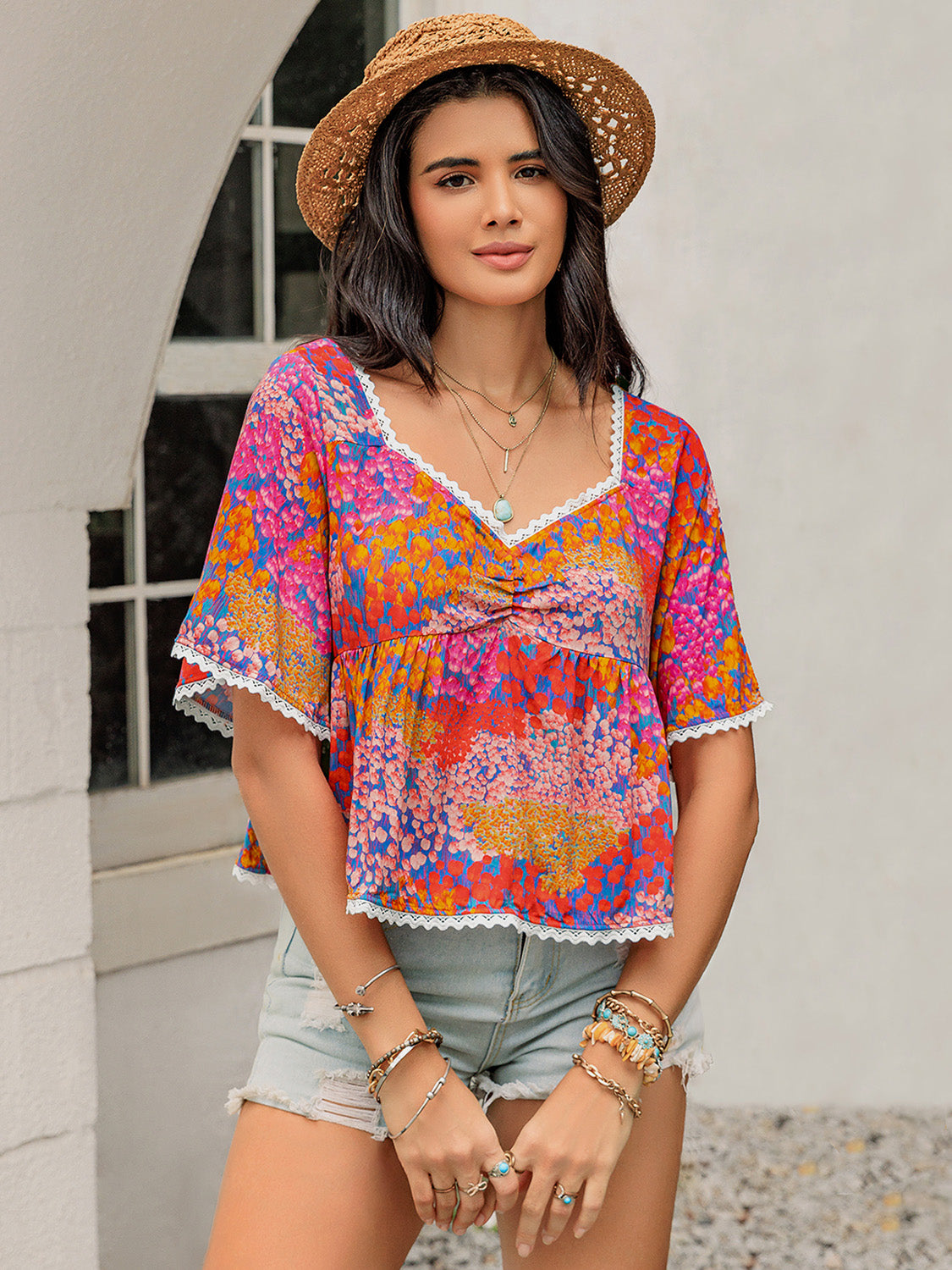 Ruched Printed Half Sleeve Blouse - Shimmervee