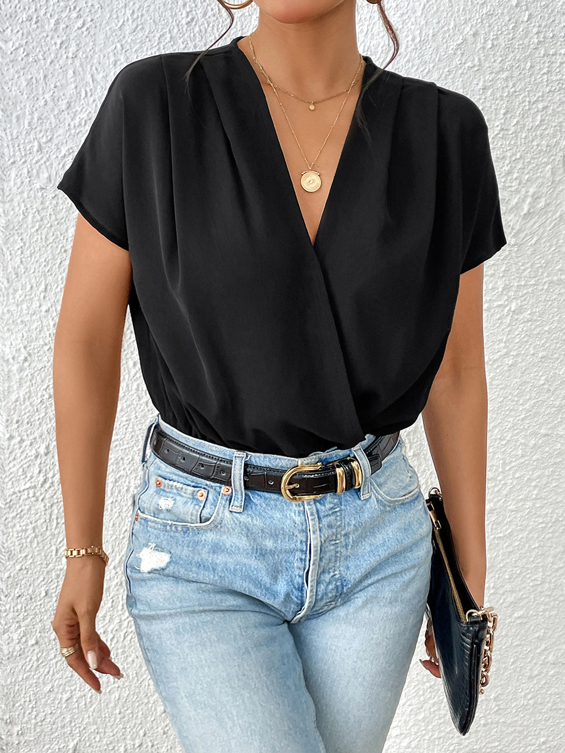 Perfee Surplice Short Sleeve Ruched Bodysuit - Shimmervee