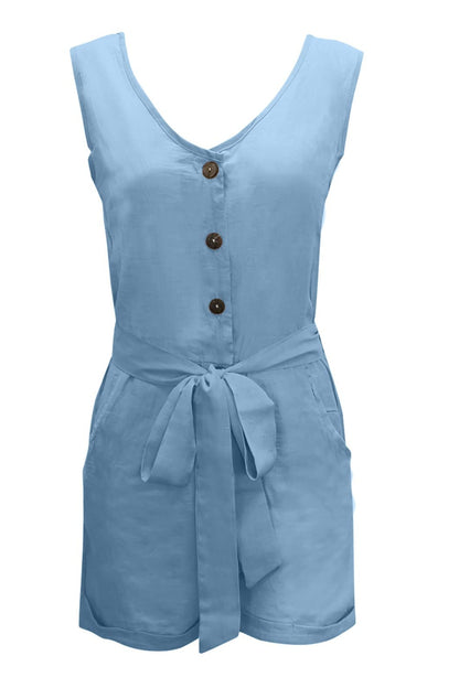 Full Size Tied V-Neck Sleeveless Romper with Pockets - Shimmervee