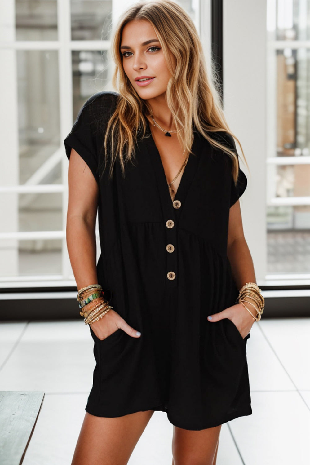 Pocketed V-Neck Short Sleeve Romper - Shimmervee