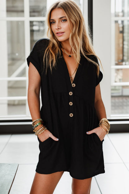 Pocketed V-Neck Short Sleeve Romper - Shimmervee