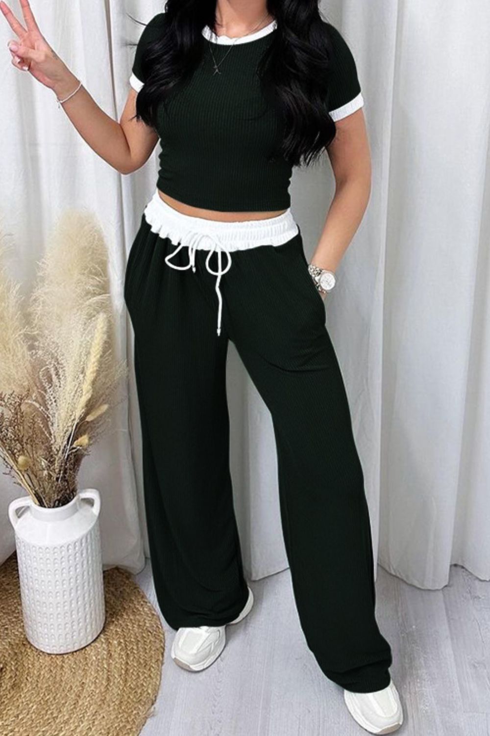 Contrast Trim Round Neck Top and Pants Set - Shimmervee