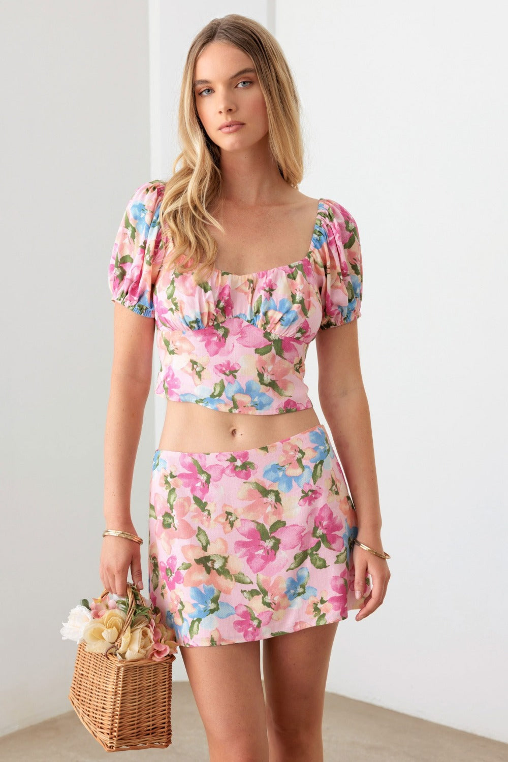 Le Lis Floral Puff Sleeve Crop Top and Mini Skirt Set - Shimmervee