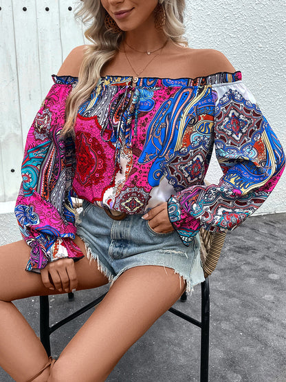 Perfee Tied Ruffled Printed Off-Shoulder Long Sleeve Blouse