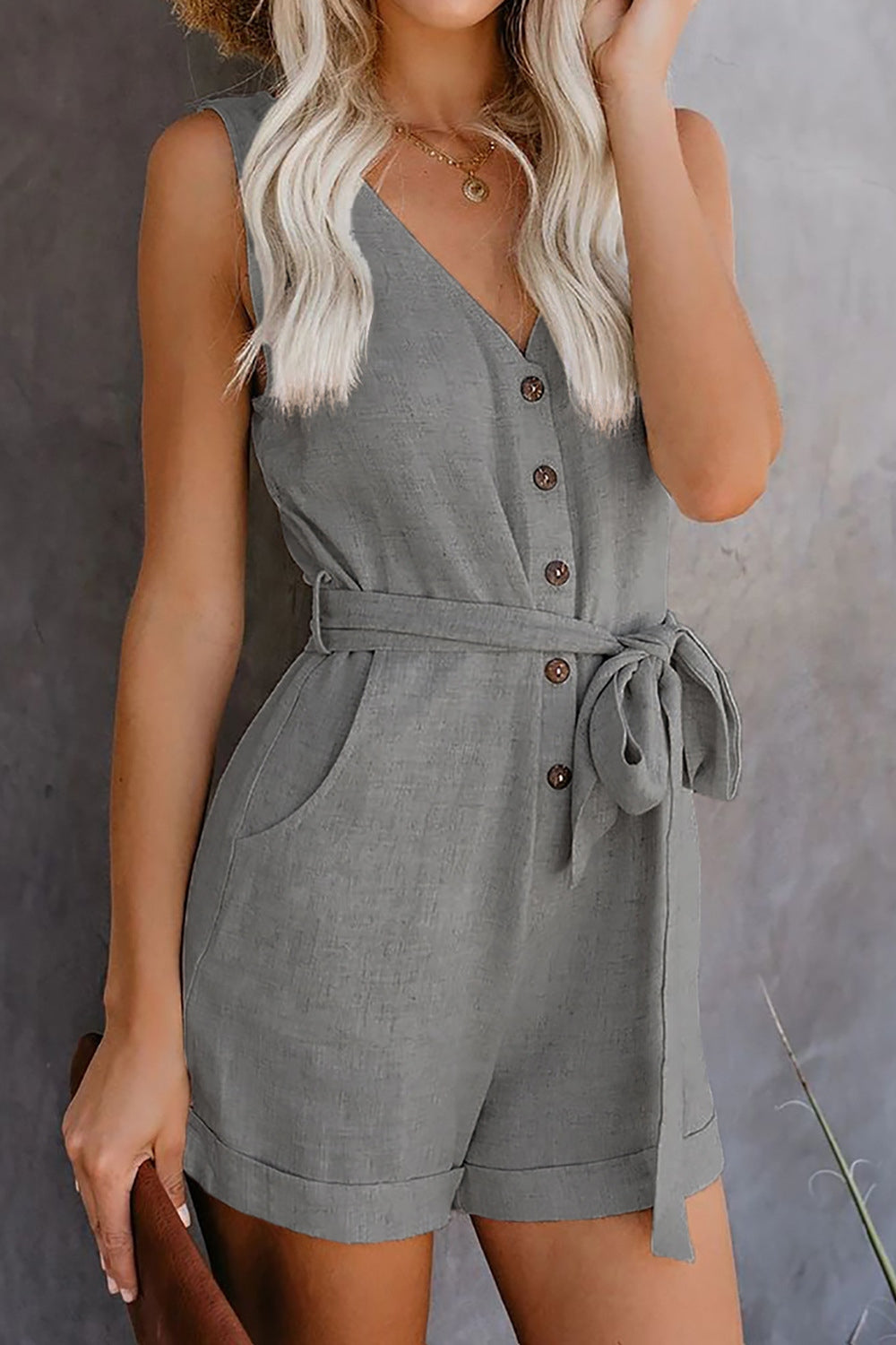 Full Size Tied V-Neck Sleeveless Romper with Pockets - Shimmervee