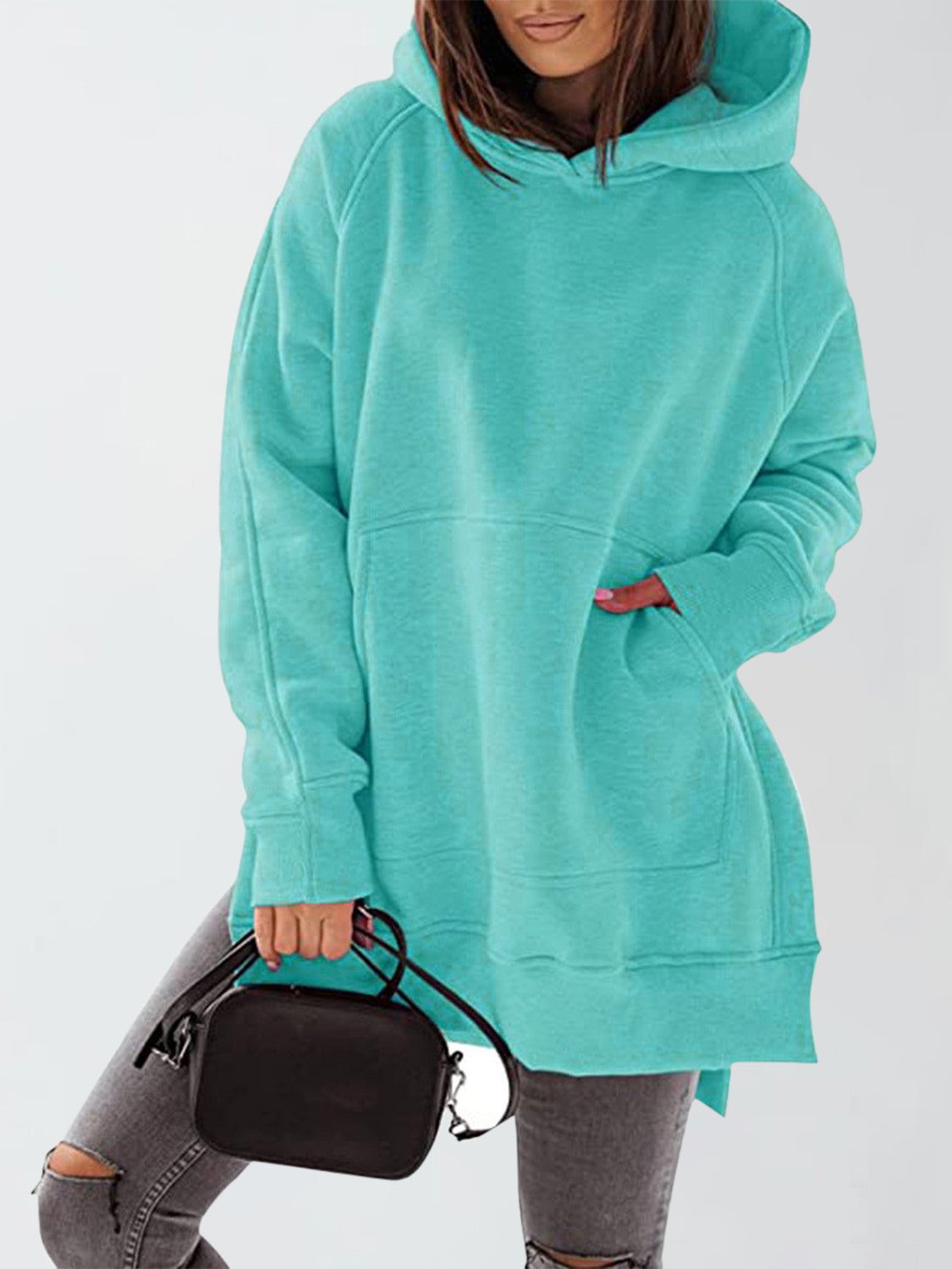 Slit Pocketed Raglan Sleeve Hoodie