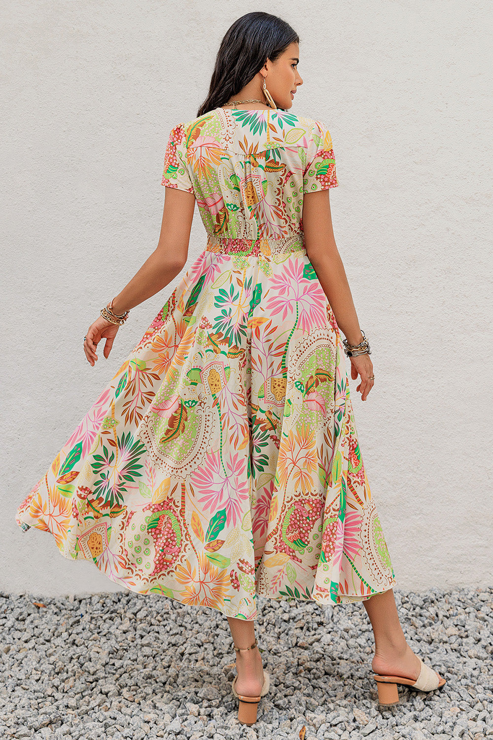 Printed V-Neck Short Sleeve Midi Dress - Shimmervee