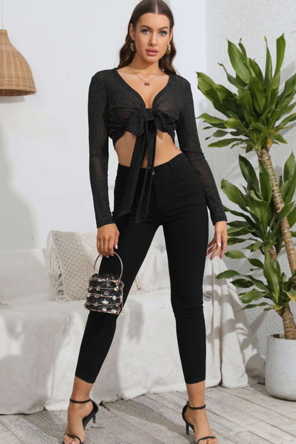 Tie Front Deep V Long Sleeve Crop Top