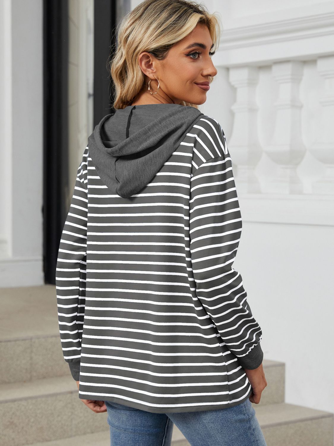 Drawstring Striped Long Sleeve Hoodie - Shimmervee