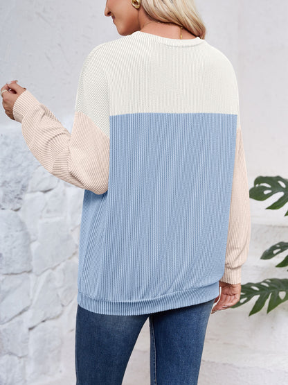 Lovelet Color Block Round Neck Long Sleeve Sweatshirt - Shimmervee