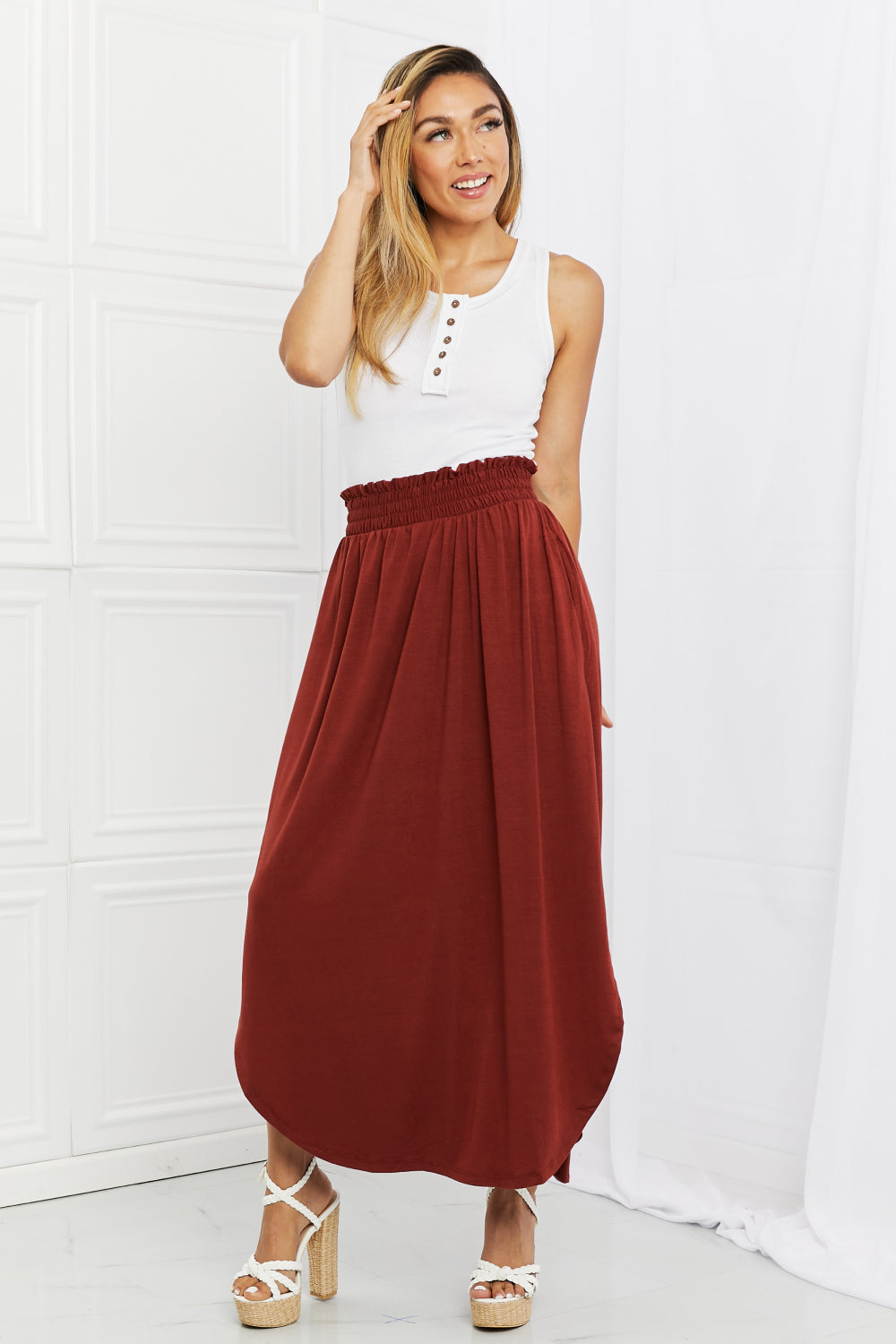 Zenana It's My Time Full Size Side Scoop Scrunch Skirt in Dark Rust