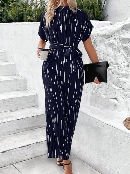 Tied Printed Mock Neck Wide Leg Jumpsuit - Shimmervee