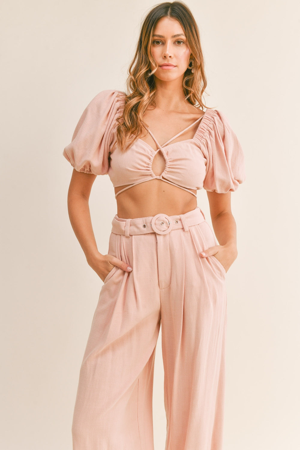 MABLE Cut Out Drawstring Crop Top and Belted Pants Set - Shimmervee