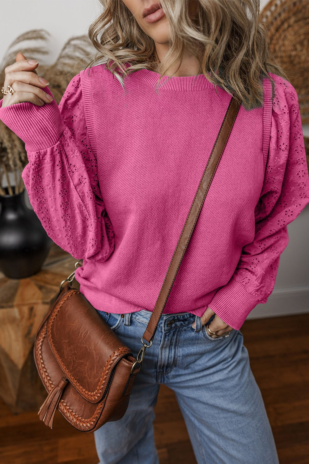 Eyelet Round Neck Long Sleeve Sweatshirt