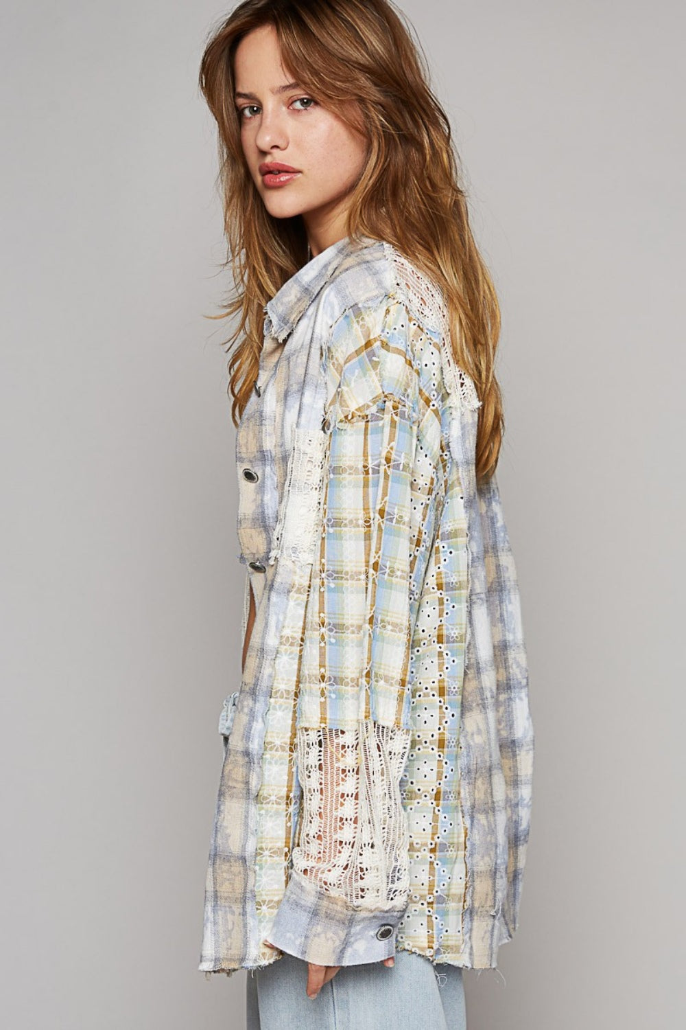 POL Long Sleeve Embroidered Crochet Plaid Shirt - Shimmervee