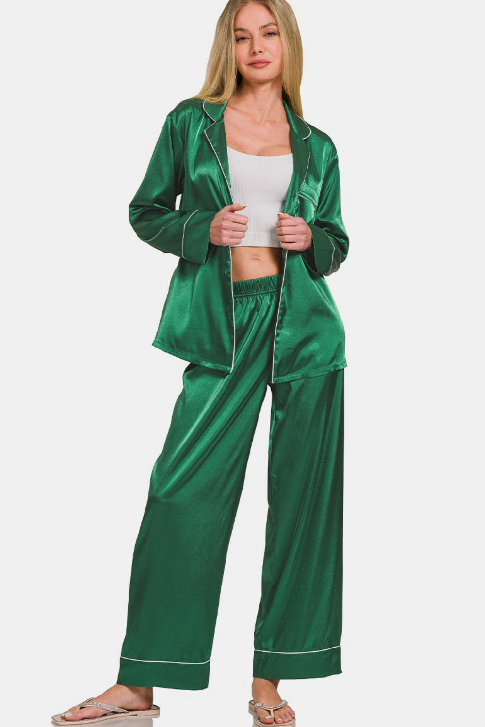 Zenana Satin Long Sleeve Shirt and Pants Pajama Set