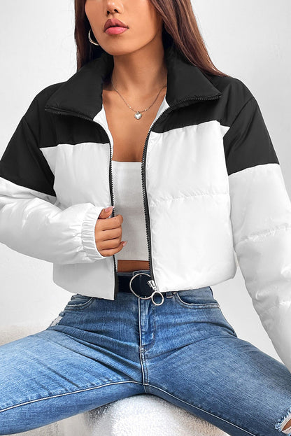 Collared Neck Color Block Puffer Jacket - Shimmervee