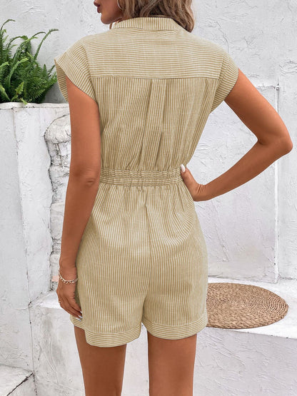 Perfee Striped Notched Tie Waist Romper