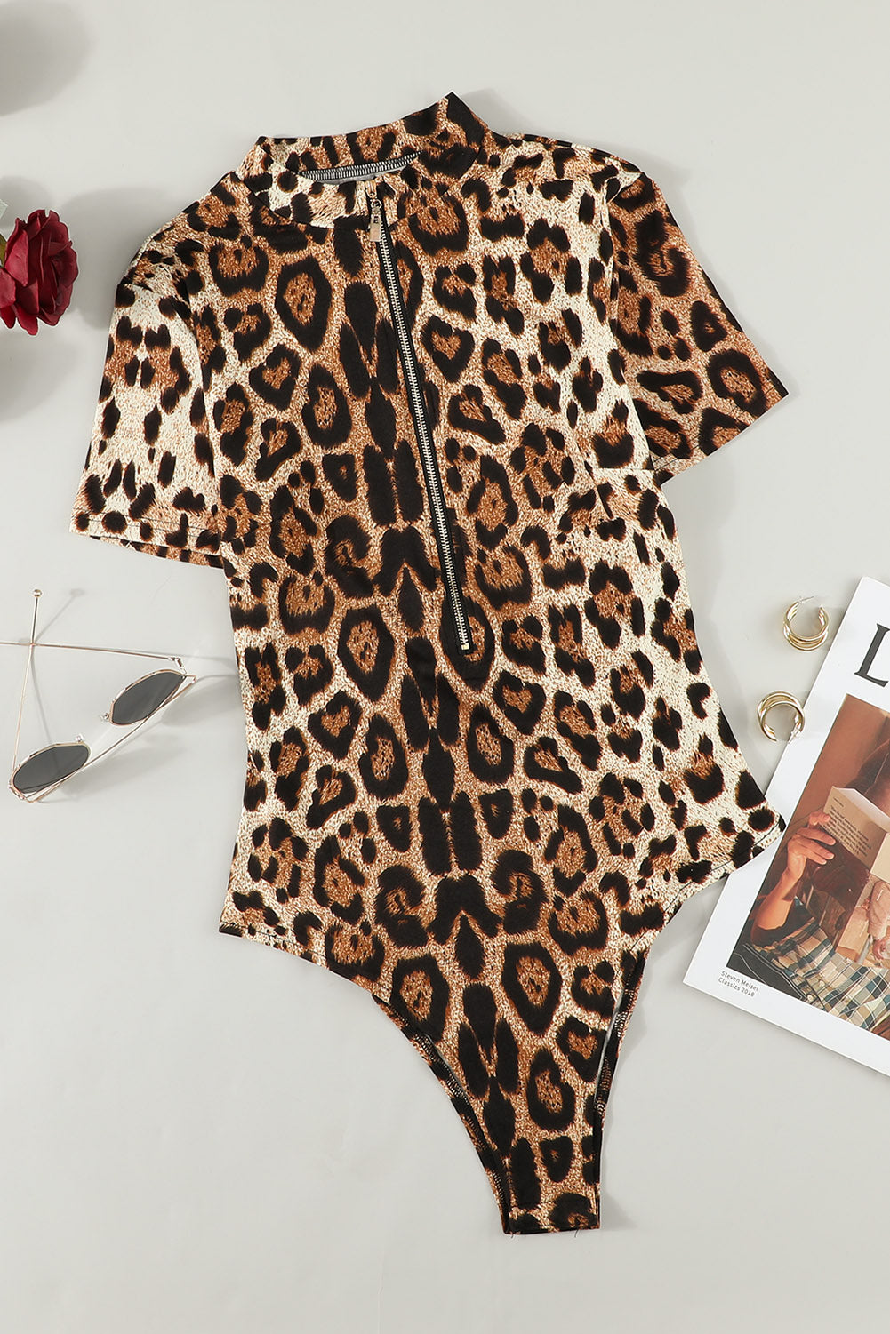 Leopard Half Zip Short Sleeve Bodysuit - Shimmervee