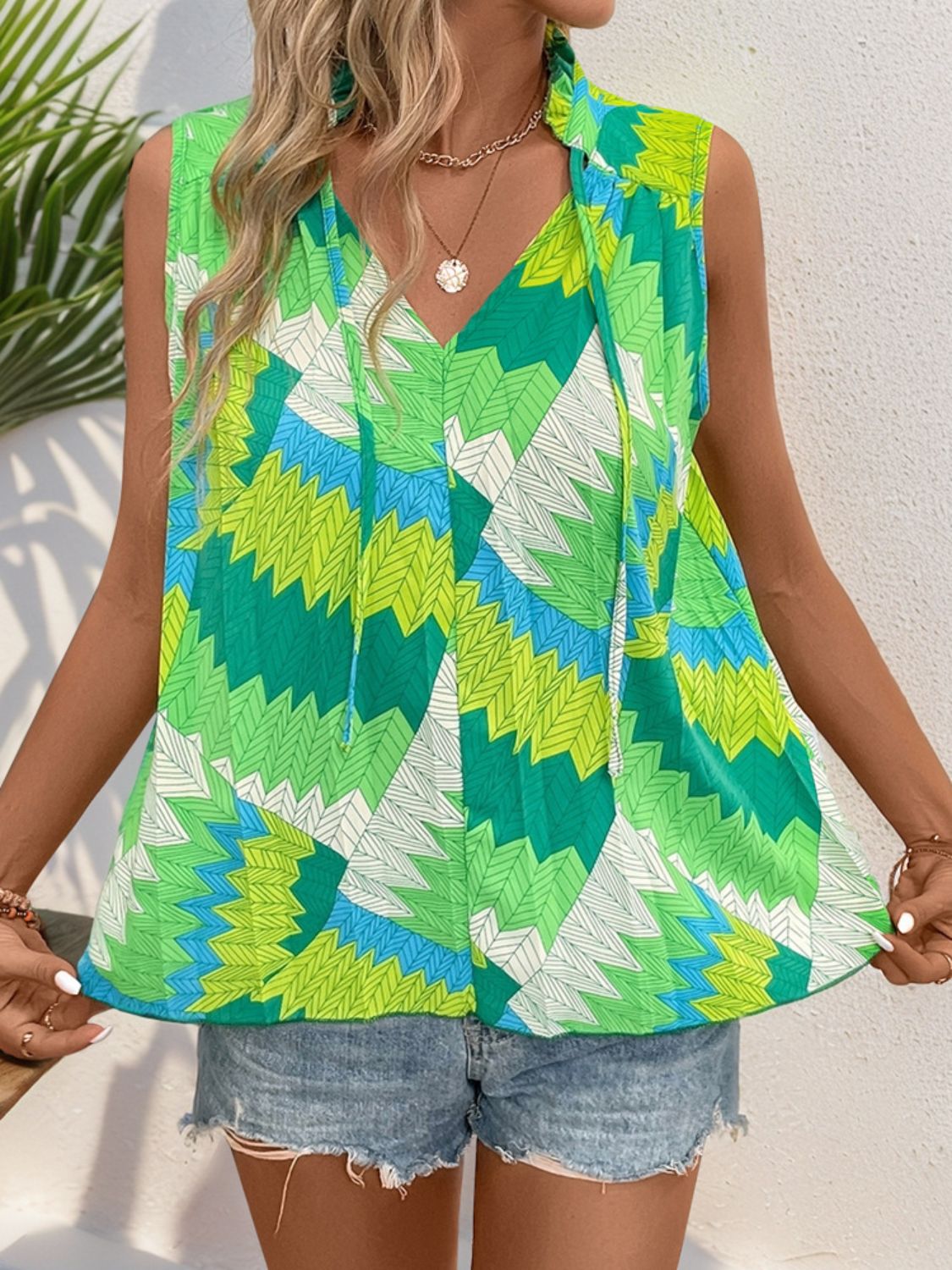 Perfee Printed Tie Neck Sleeveless Top