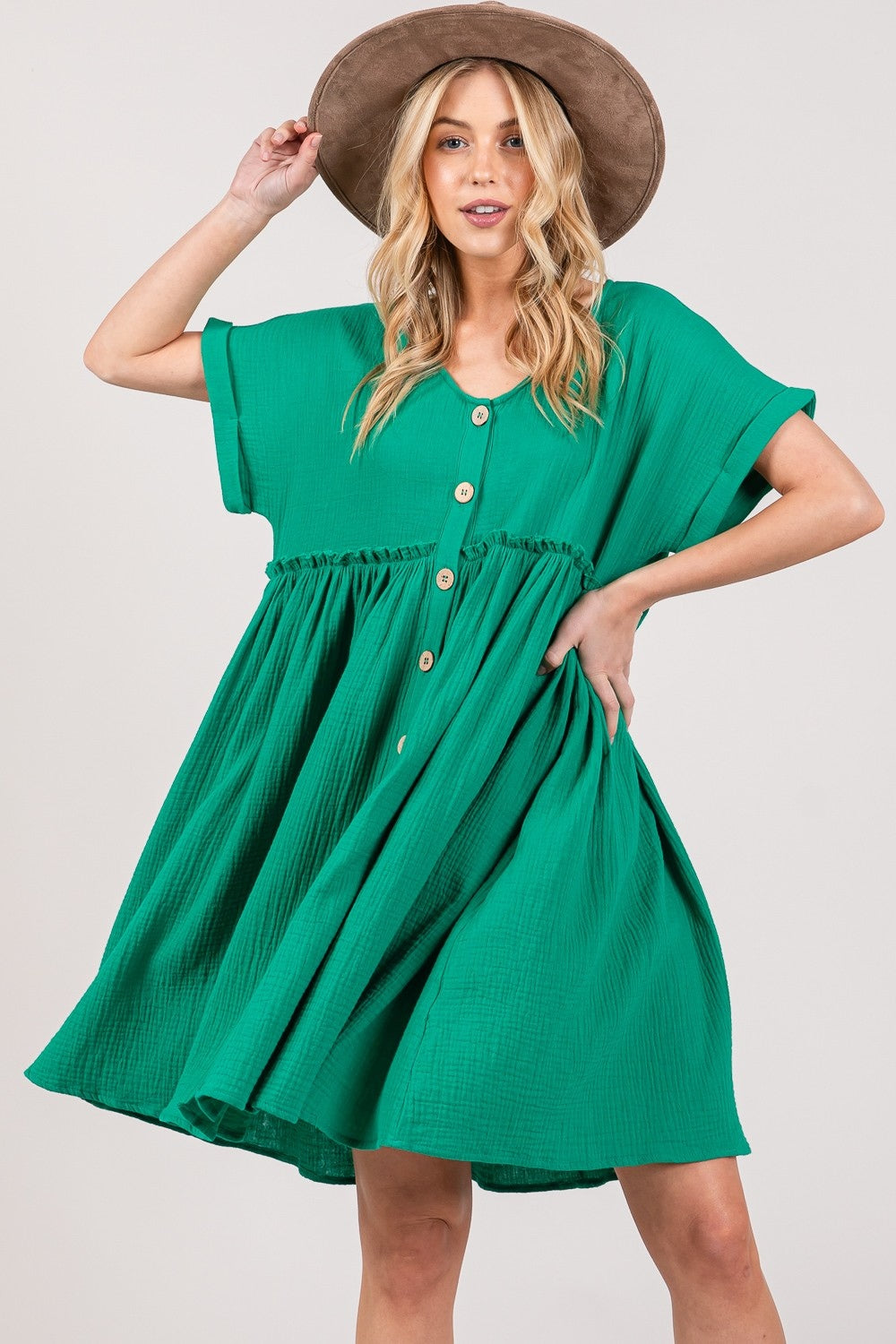 SAGE + FIG Full Size Button Up Short Sleeve Dress - Shimmervee