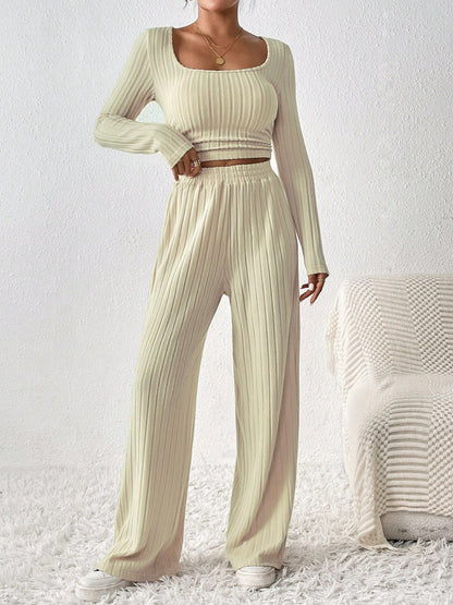 Honey Scoop Neck Long Sleeve Top and Pants Set - Shimmervee