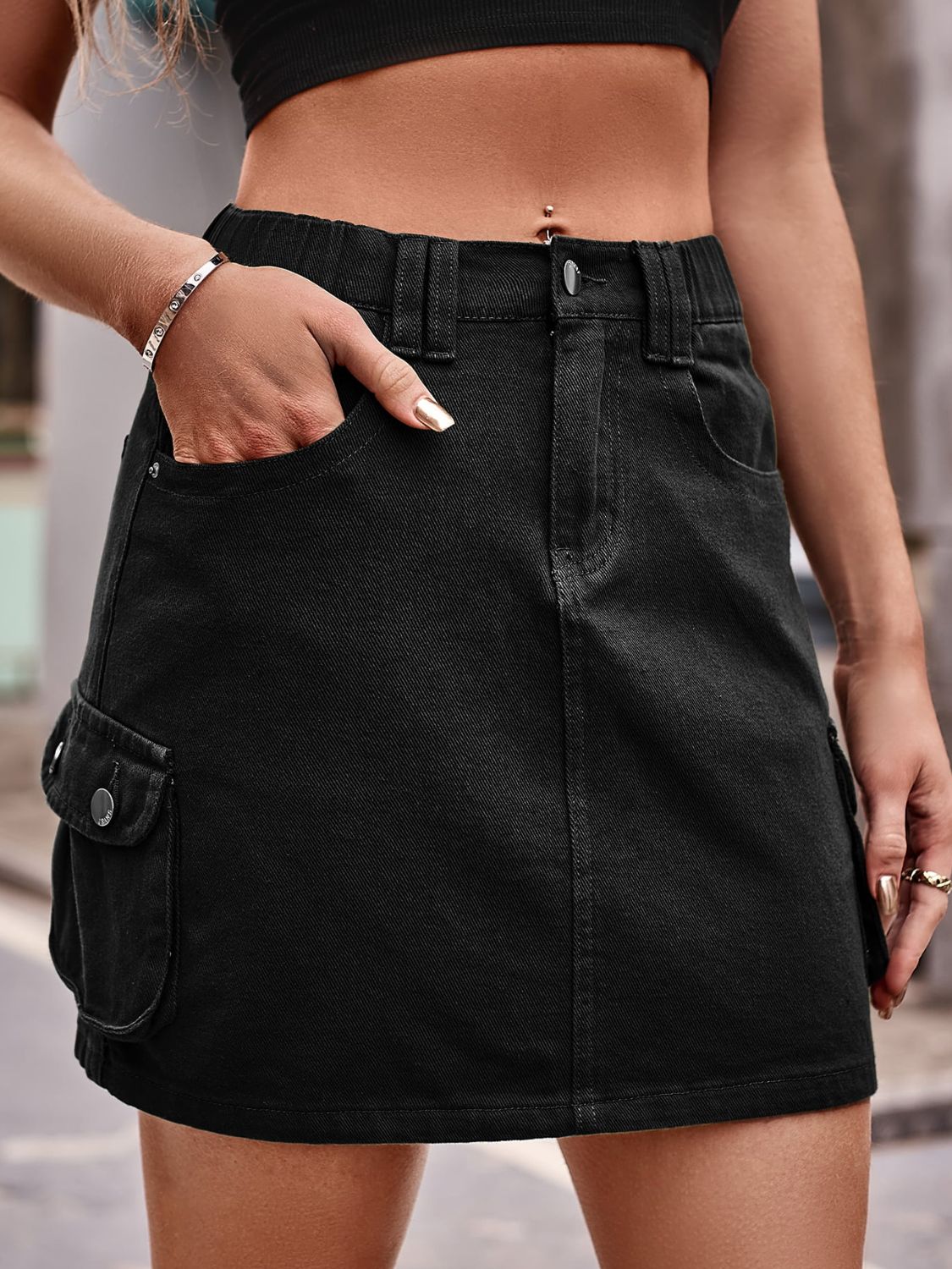 Denim Mini Skirt with Pockets - Shimmervee