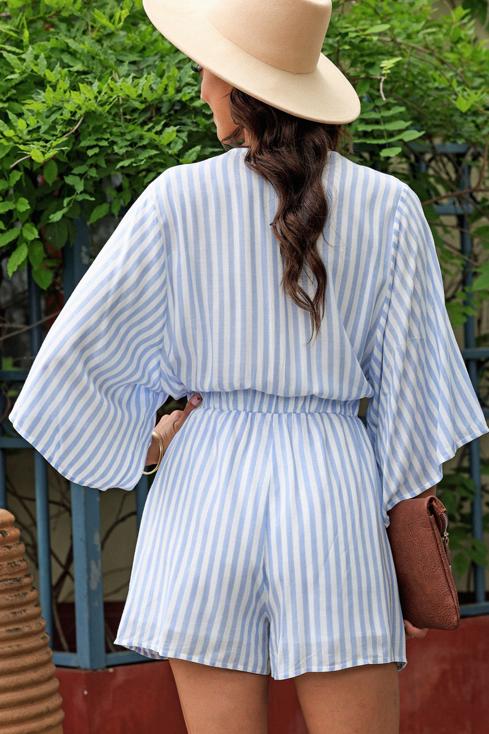 Tied Striped Three-Quarter Sleeve Romper - Shimmervee