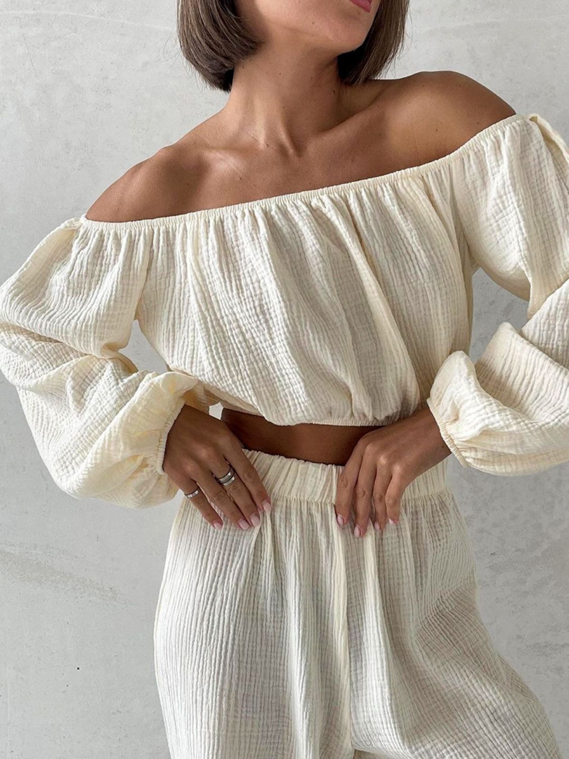 Off Shoulder Long Sleeve Top and Pants Set - Shimmervee