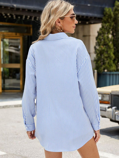 Pocketed Striped Collared Neck Long Sleeve Shirt - Shimmervee