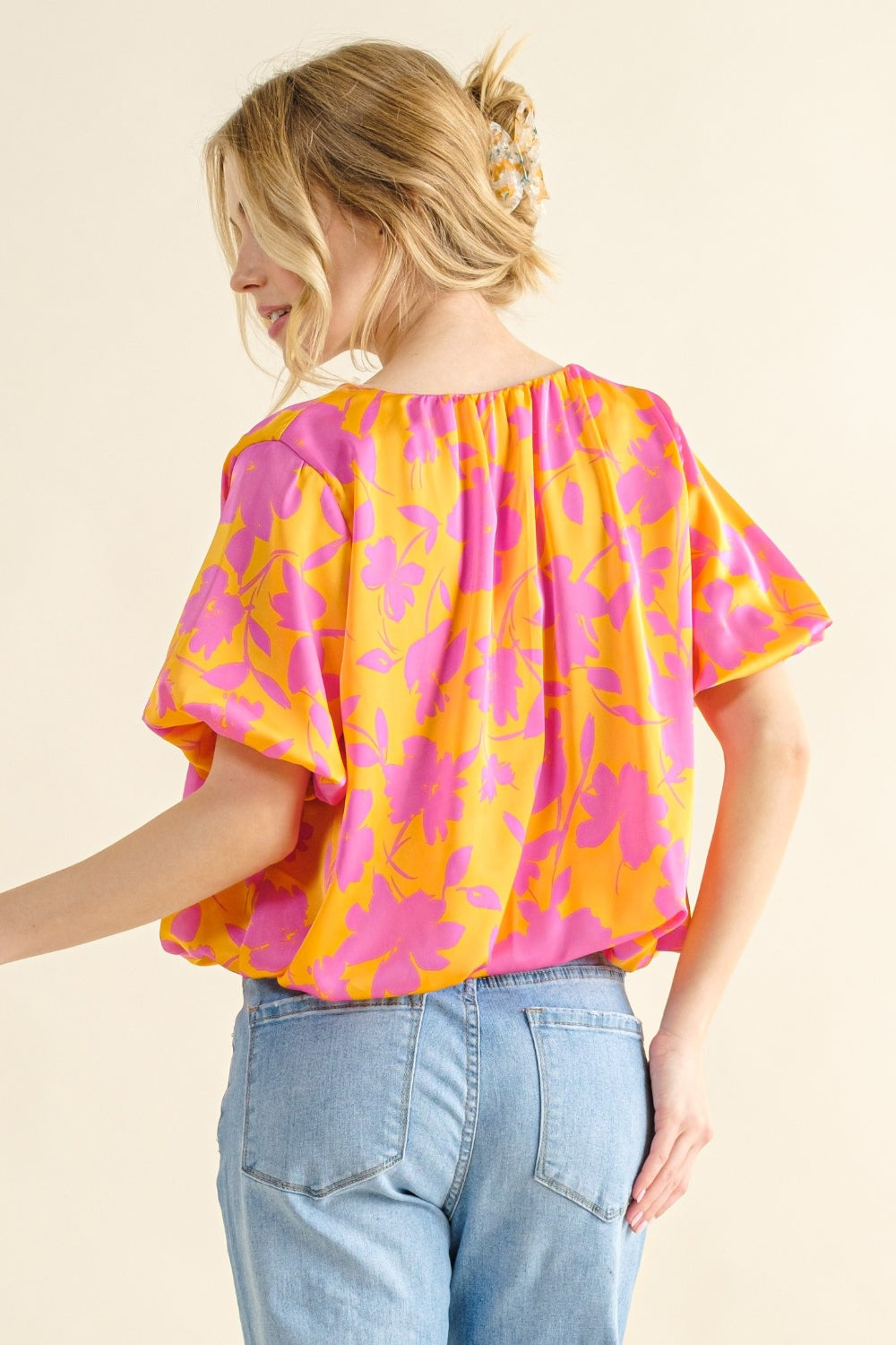 And The Why Full Size Printed Satin Bubble Hem Top - Shimmervee