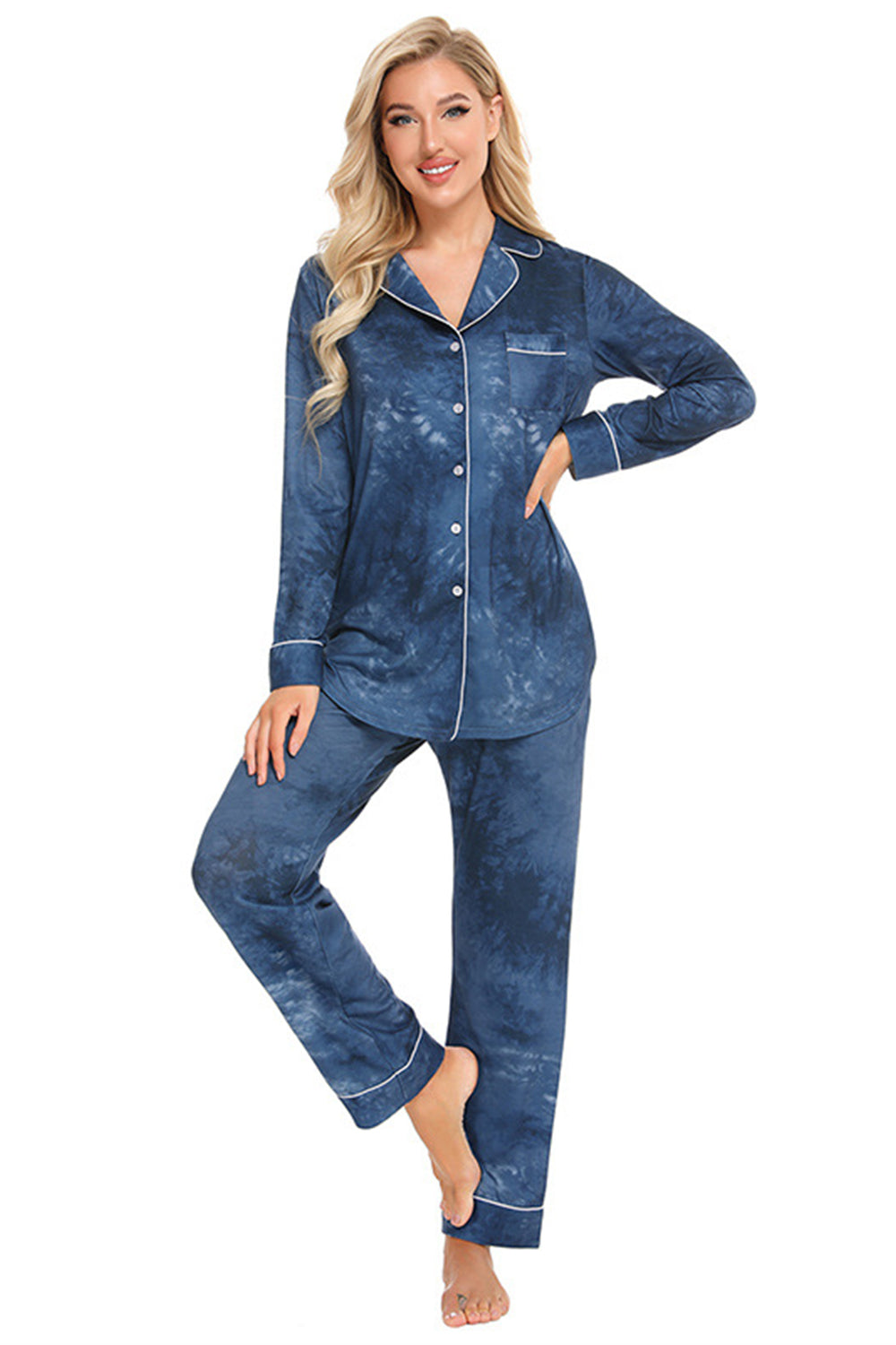 Collared Neck Long Sleeve Loungewear Set with Pockets