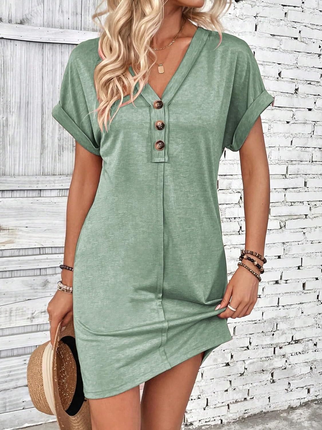 Quarter Button V-Neck Short Sleeve Dress