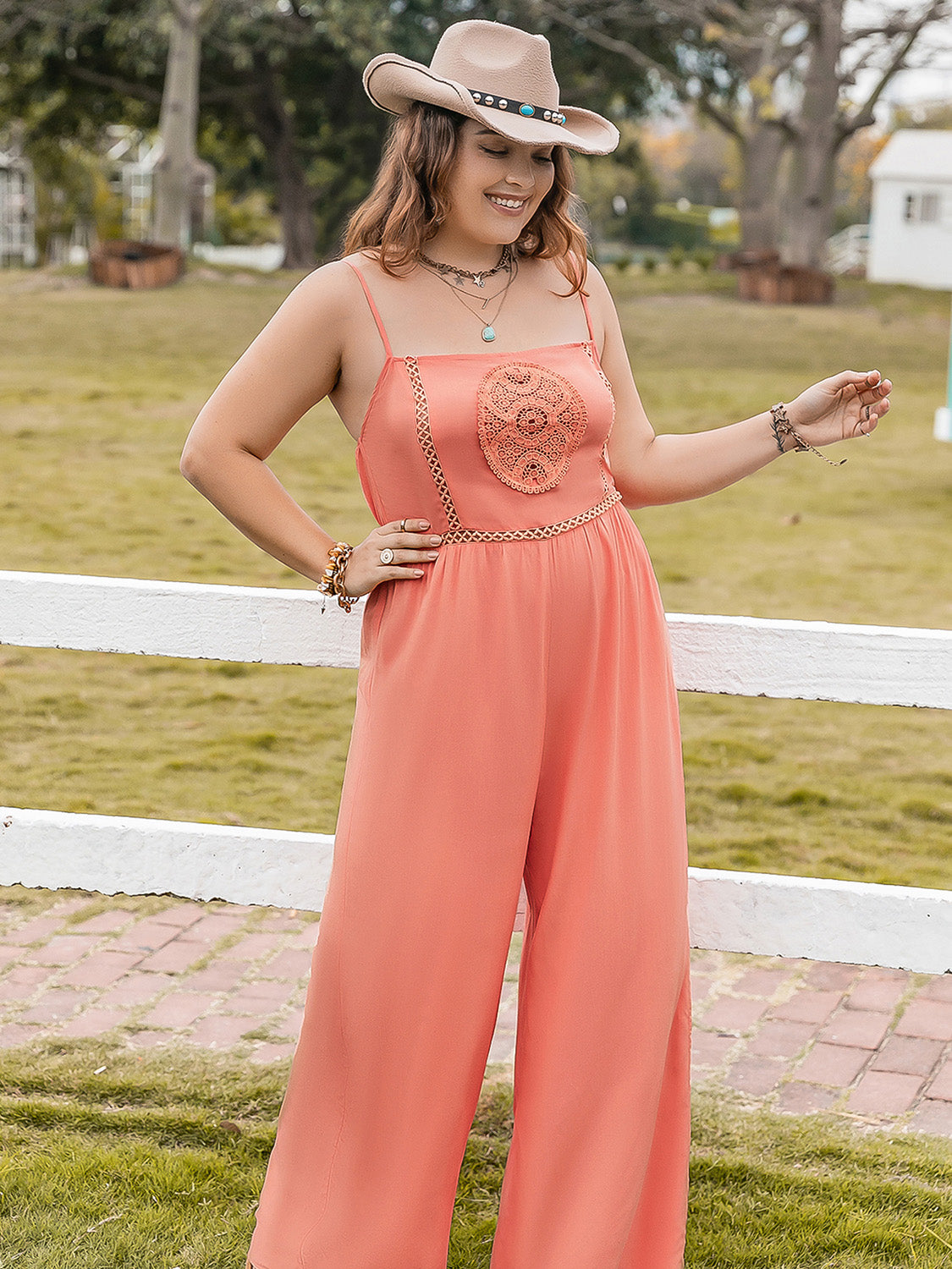 Plus Size Lace Detail Spaghetti Strap Wide Leg Jumpsuit - Shimmervee