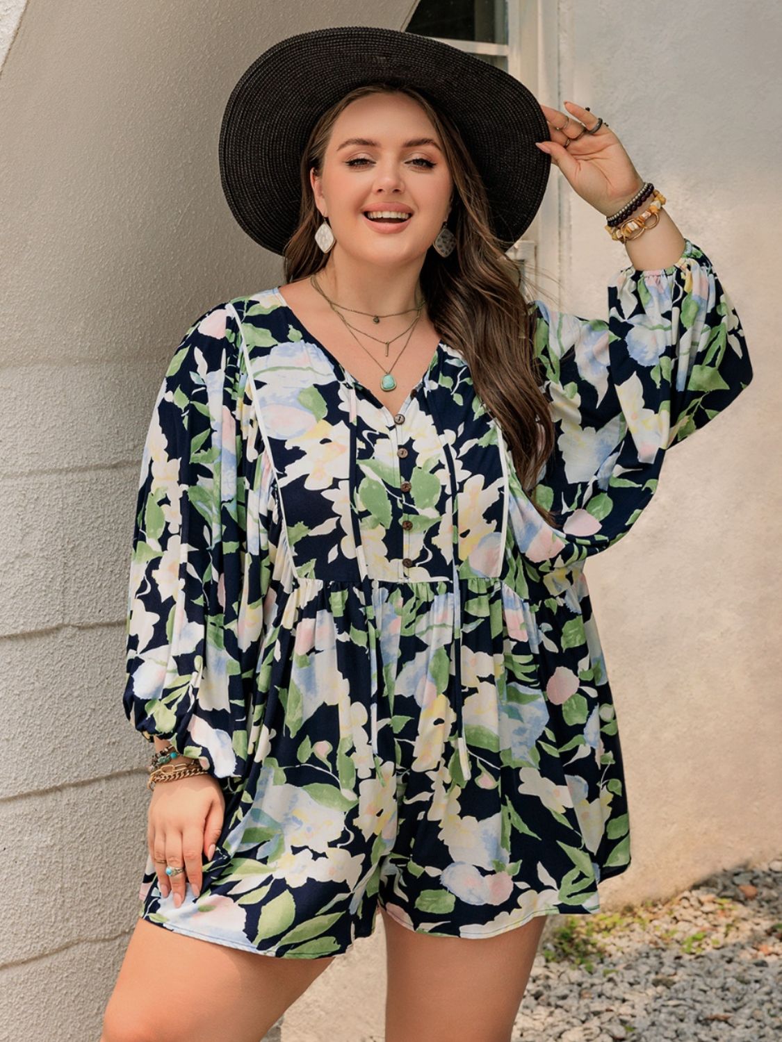 Plus Size Tied Printed Long Sleeve Romper - Shimmervee