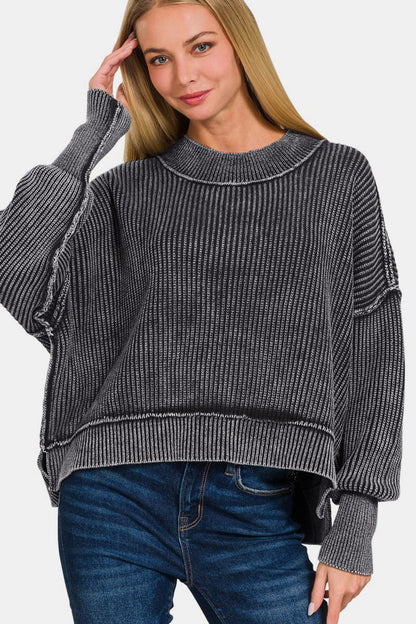 Zenana Exposed Seam Round Neck Dropped Shoulder Sweater