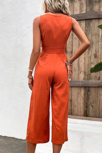 Shiny Tie Belt Sleeveless Jumpsuit with Pockets